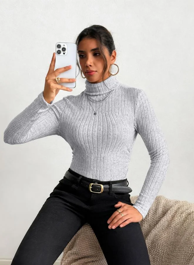 Take Two Women Grey Ribbed Turtleneck Top